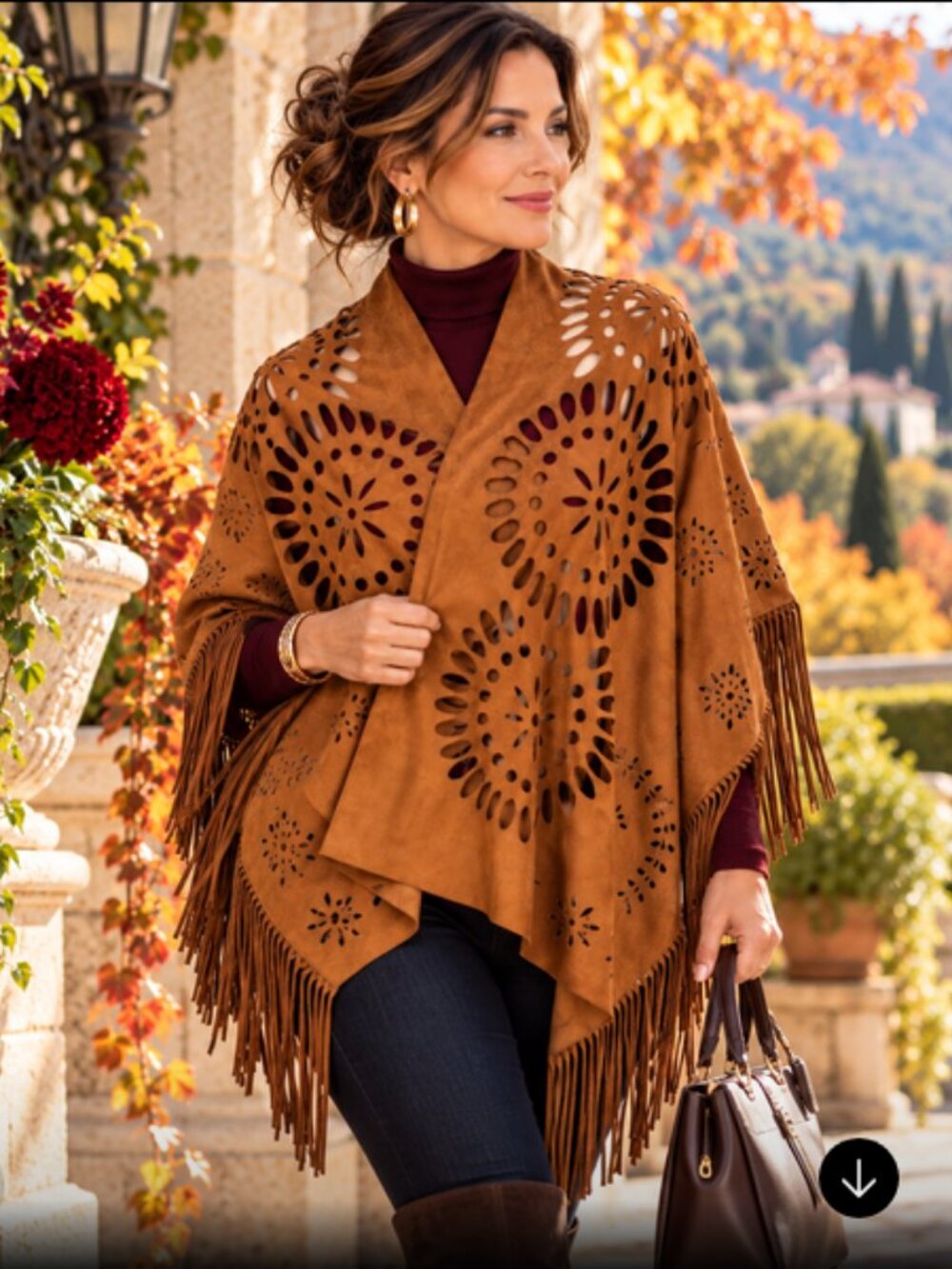 Beautiful cognac/caramel faux-suede poncho wrap featuring dramatic laser-cut